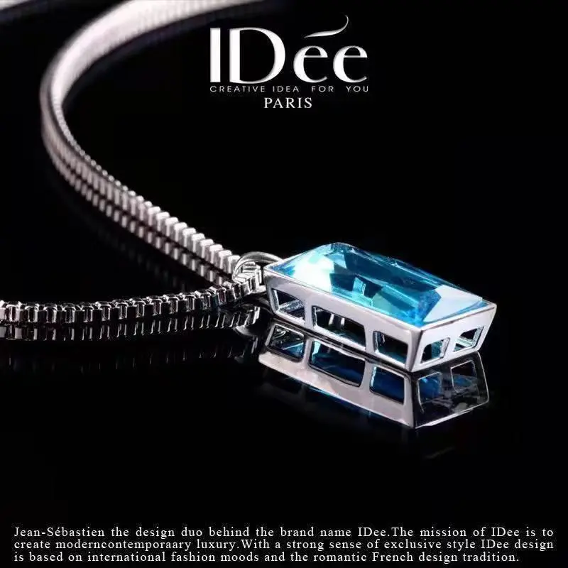 Mặt Dây Chuyền Nam, Đá Topaz Tự Nhiên, Đá Quý Hình Vuông Màu Xanh Dương 49,4 Karat, Vòng Cổ, Mạ Bạc Sterling 925, Mạ Bạch Kim 18K 3