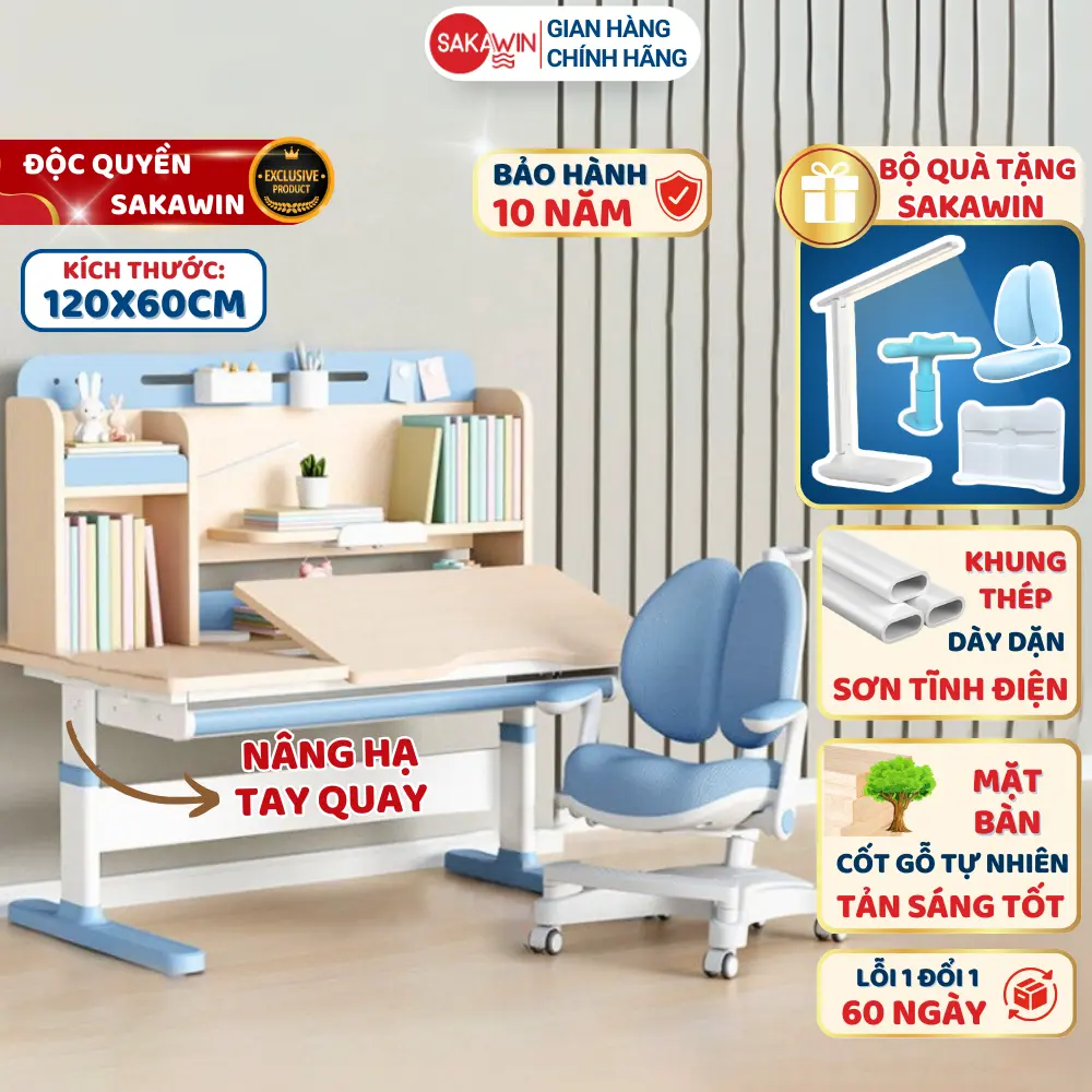(Mới) Bộ bàn học chống gù cao cấp Gỗ tự nhiên SO04 Sakawin, Bộ bàn ghế học sinh kích thước 1M2, có giá sách lớn, Kèm bộ quà tặng