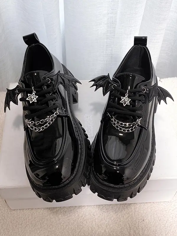 Women's Fashionable Chain Decor Plain Platform Loafers, Casual Star & Wing Design Platform Loafers For Daily Wear, Footwear, Girl's Walking Shoes 0