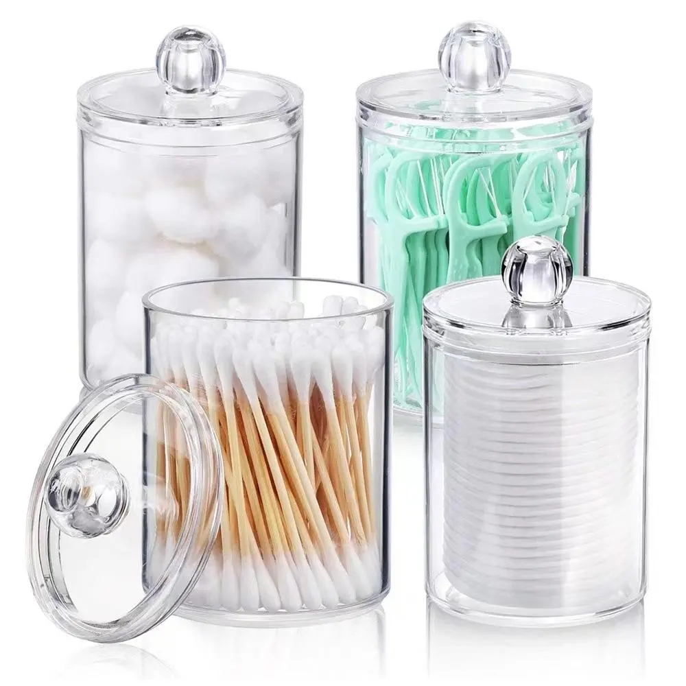Clear Storage Box Set, 4 Counts Round Covered Storage Box, Transparent Storage Container for Cotton Swab, Cotton Ball, Dental Floss Stick, Bottles