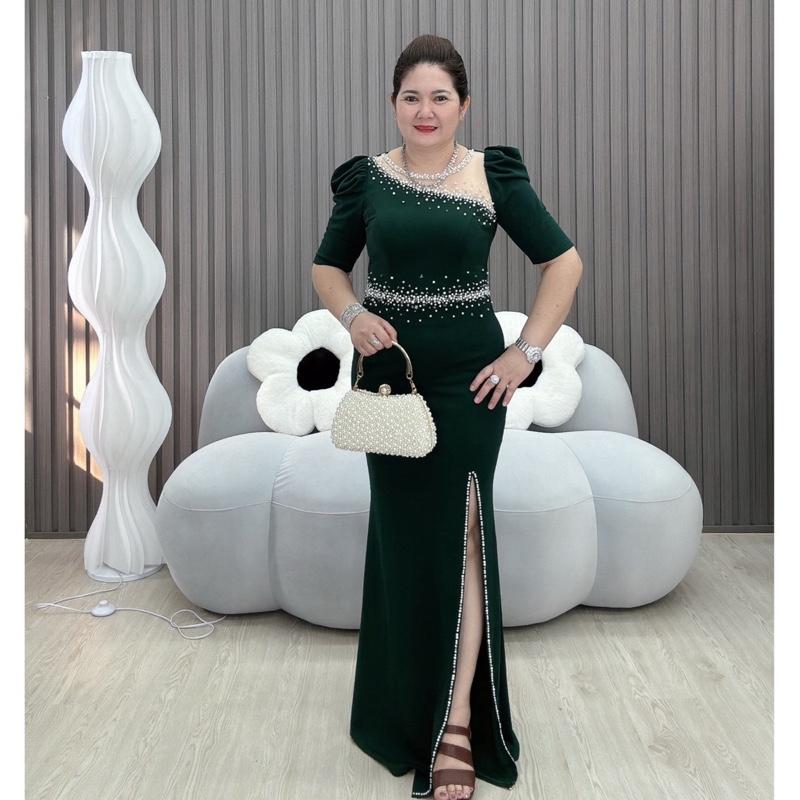 Đầm dạ hội trung niên tay ngắn quảng châu kết đá cao cấp Nữ Women Nhung Dress Voan Voi trơn đơn giản Đen