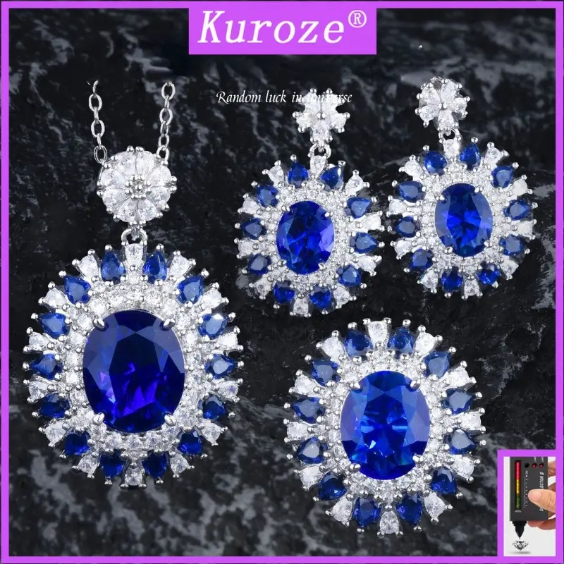 Kuroze Vintage Sapphire Pendant Necklace Luxury Blue Diamond Ring Temperament Earrings Long Eardrops
