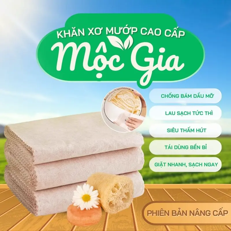 [Hàng Chính Hãng] Khăn Lau Xơ Mướp Cao Cấp Mộc Gia Phiên bản Nâng Cấp Dày 2mm- Khăn Đa Năng, Siêu Thấm Hút, Không Dính Dầu, Giặt sạch dễ dàng - Tái Sử Dụng nhiều lần mướp khan lautachdau 1
