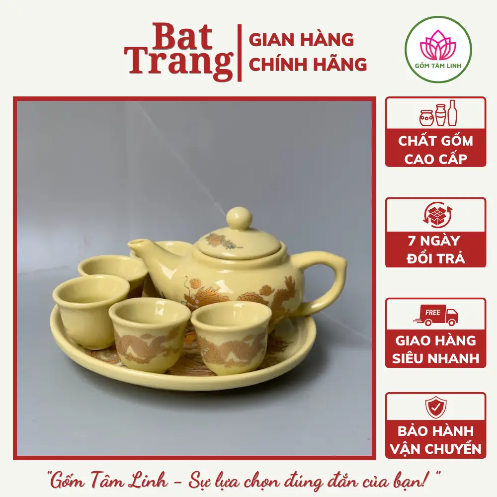Bộ ấm chén thờ, bộ ấm trà cúng men vàng kim Bát Tràng cao cấp