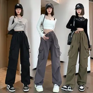 Quần KaKi Ống Rộng Dây Rút Bo Gấu Phong Cách Retro Cho Nữ