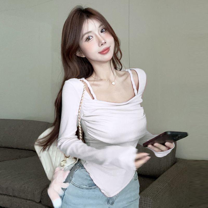 Áo thun body nữ dài tay cổ vuông dây đan vạt chéo hot hit vải nhuyễn tăm óng ánh, dễ mix đồ ôm dáng phong cách Hàn Quốc Top Sơ Mi Voi Shirt 7