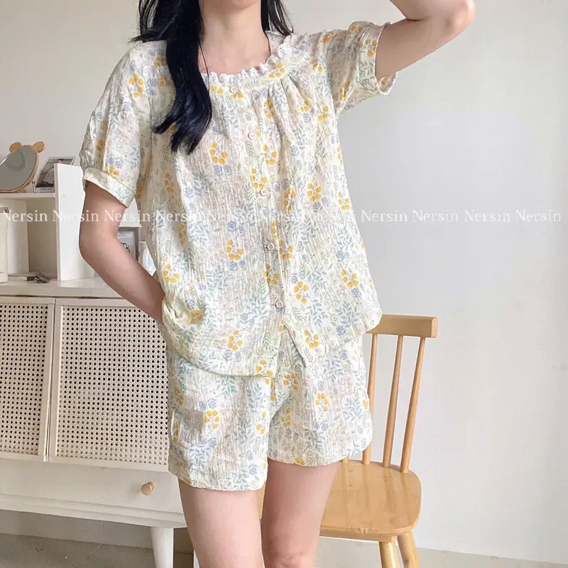 Bộ đùi mặc nhà NERSIN  Áo cổ vuông phối ren xô muslin cao cấp Nữ