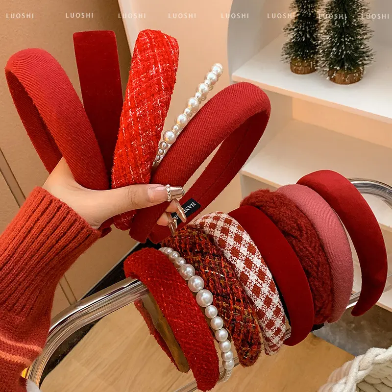 Băng Đô Giáng Sinh, Chất Liệu Nhung, Vương Miện Cao, Phong Cách Cổ Điển Màu Đỏ, Dành Cho Nữ, Người Nổi Tiếng Trên Internet Hàn Quốc, Kẹp Tóc Cạnh Rộng, Phụ Kiện Tóc Women Thun Titan headband 0