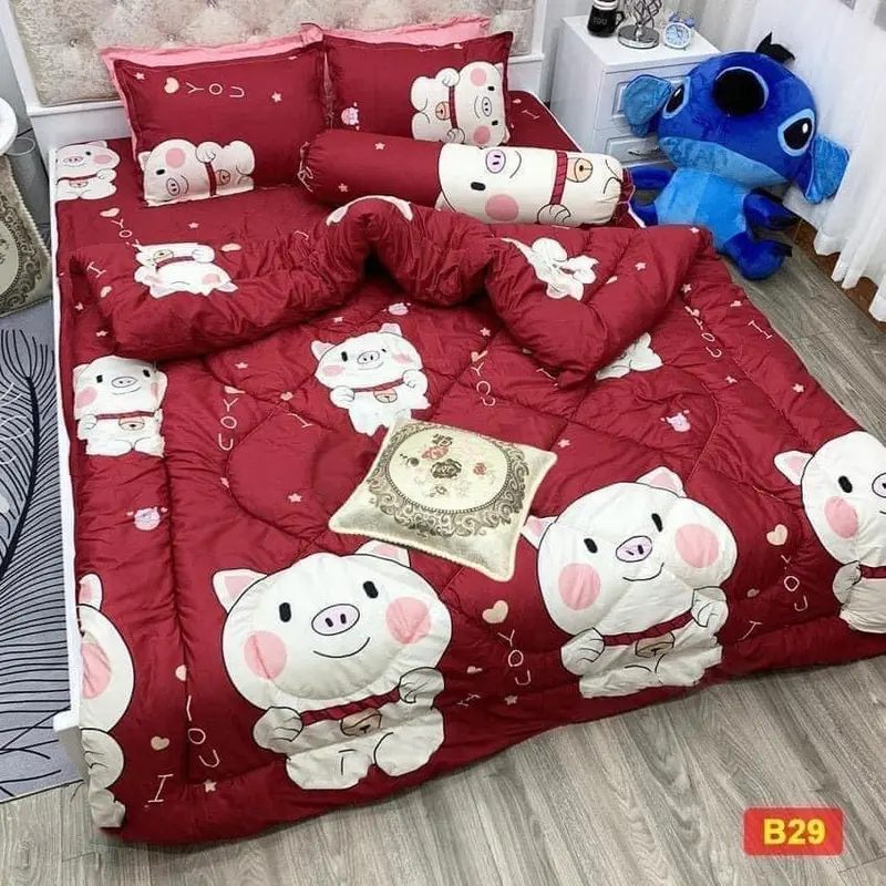 Bộ chăn ga gối lợn đỏ lucky 0