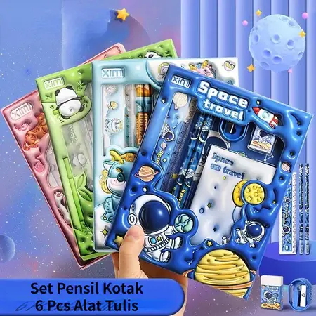 Set Pensil Kotak 6 Pcs Alat Tulis Sekolah Anak dengan Motif Karakter Favorit Cocok untuk Pelajaran Seni dan Matematika Stationery