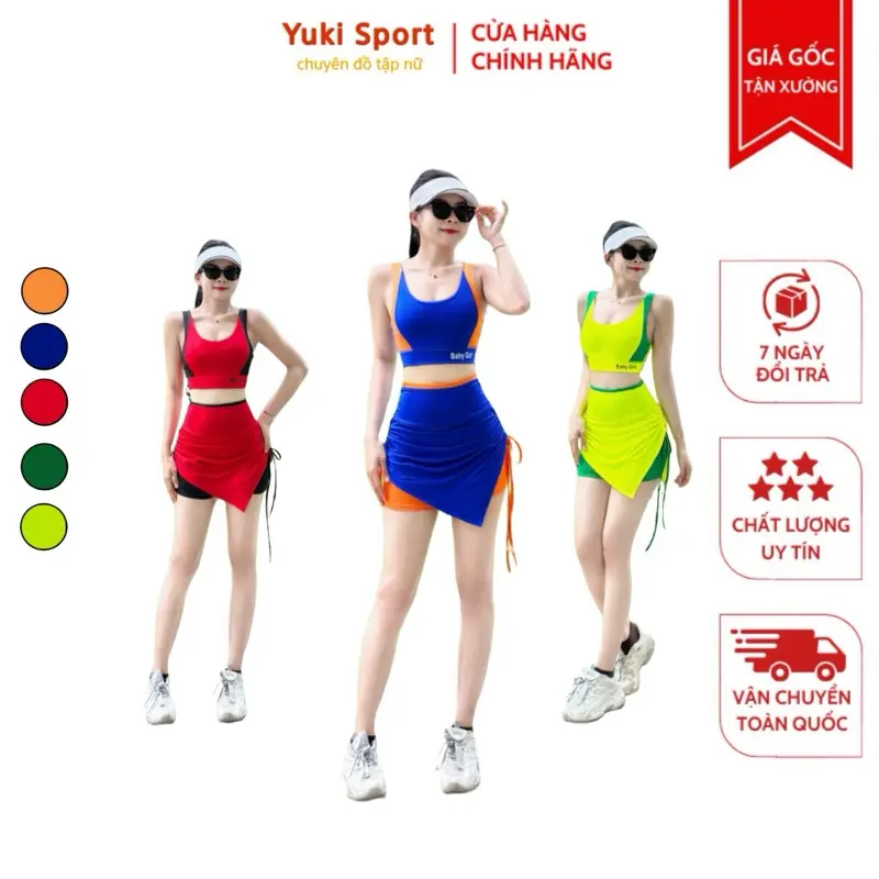 Bộ đồ tập thể thao aerobic tập gym đi biển quần váy rút dây phối màu HT