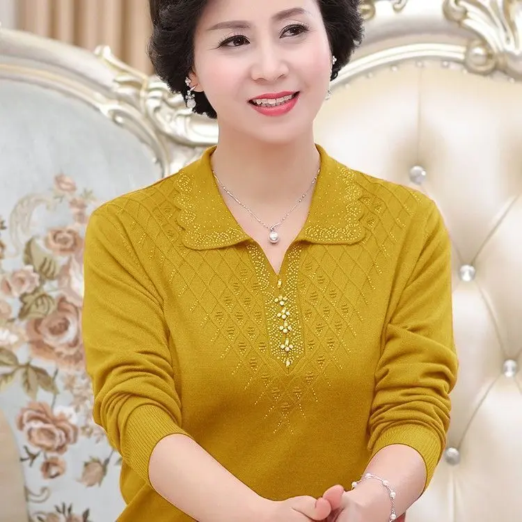 Áo Len Dài Tay, Dáng Rộng Vừa Vặn, Ve Áo, Cơ Sở, Dành Cho Quần Áo Nữ Mùa Xuân Và Mùa Thu Mới, Màu Trơn Dệt Kim, Thích Hợp Cho Mẹ TRUNG NIÊN, Áo Trên 0