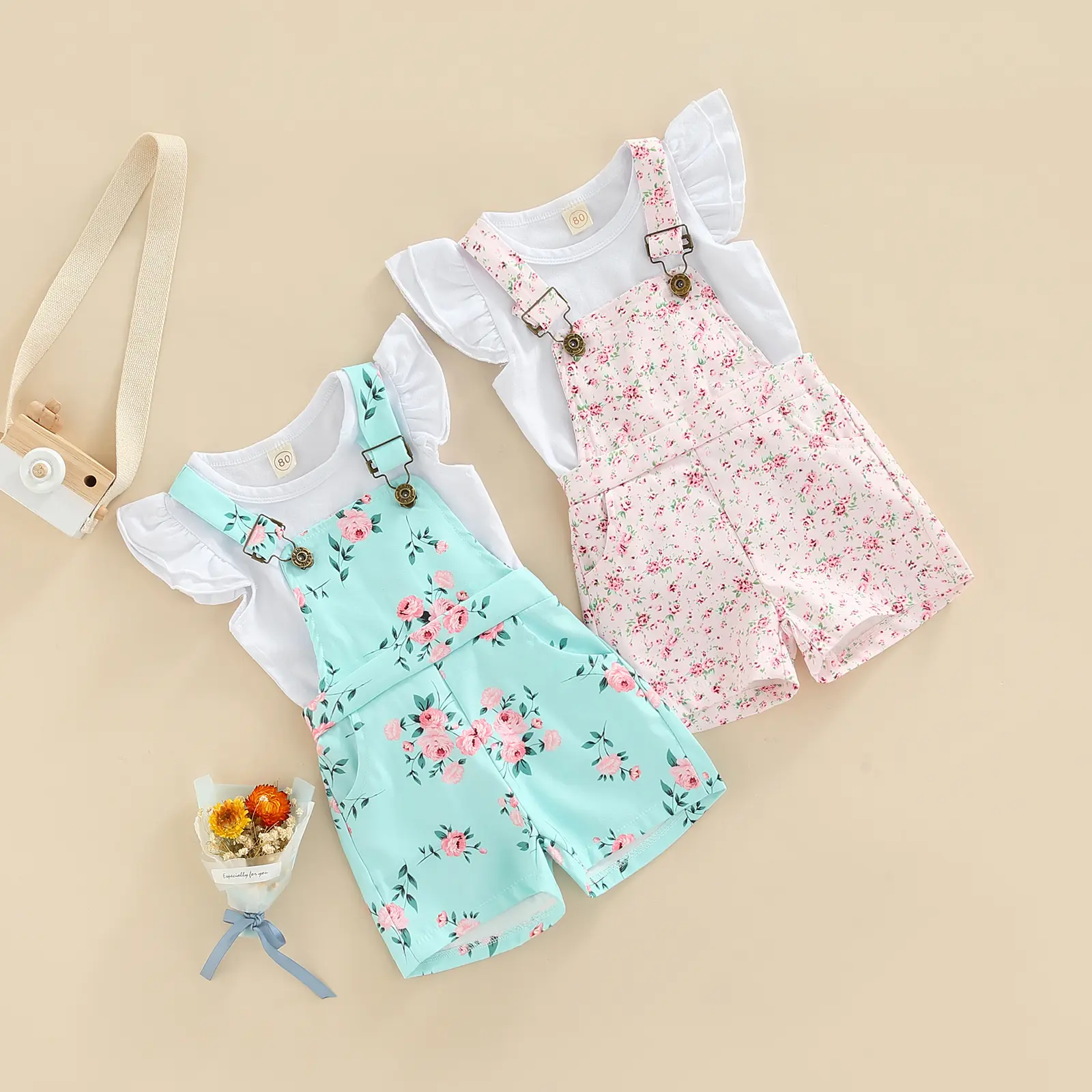 Little Girls 2PCS Pants Set, Fly Sleeve Plain O-Neck T-Shirt, Floral Patterns Copper Buttons Suspender Short Pants