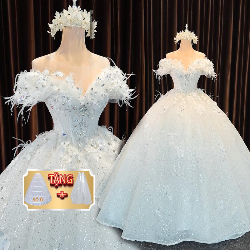 The view Dress Women new limitted 2024 trễ vai lông vũ tua rua trắng Áo Cưới cô dâu dáng xòe đứng cổng bling 276