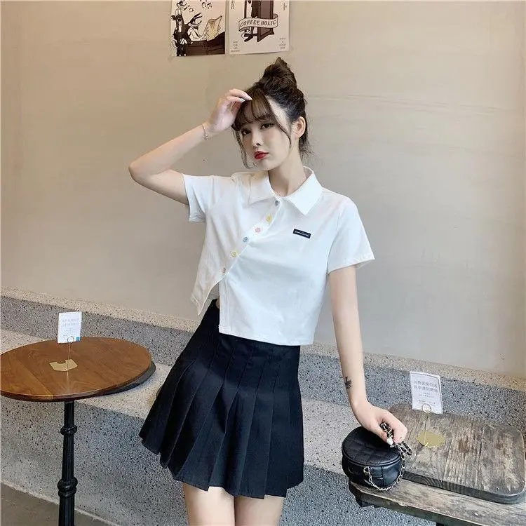 Atasan Kemeja Kaus Polo Wanita Pendek Pusat Ritsleting Lengan Pendek Tie Neck Warna Solid Kancing Fashion Kasual Korea Musim Panas Pakaian Dalam Wanita 8