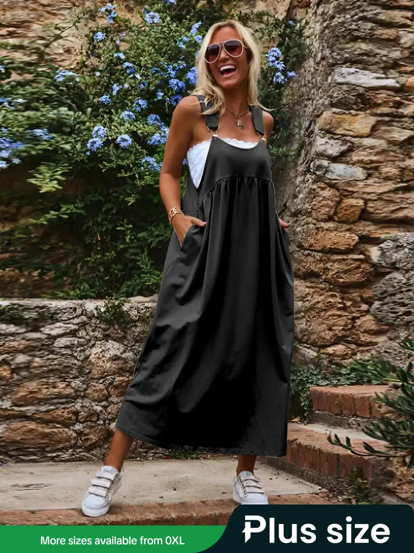 【Plus Size】 Solid Color Pinafore Dress, Casual Sleeveless Long Dress for Daily Wear, Women's Clothing for All Seasons, Summer Dress