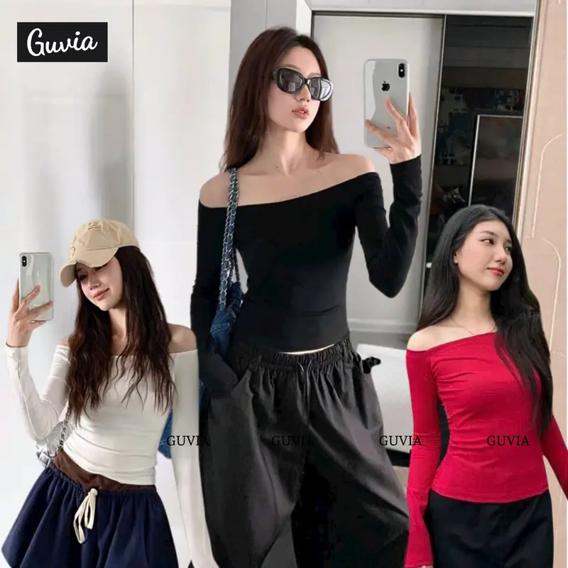 [ADD83] Áo Thun Nữ Tay Dài Trễ Vai Borip Dáng Dài, Áo Thun Tay Dài Trễ Vai Chất Borip 1