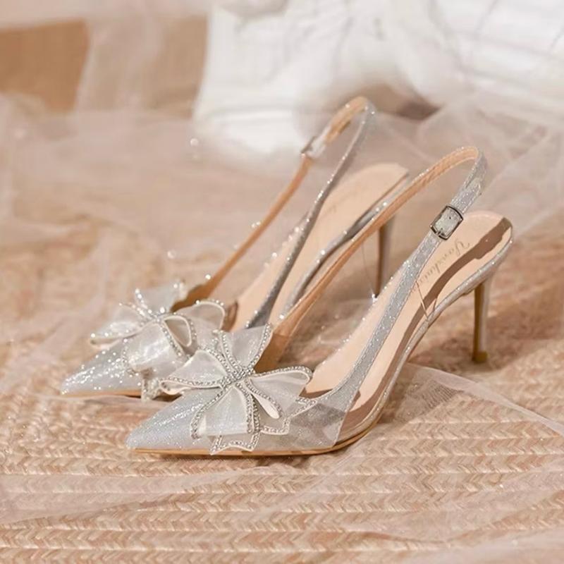 [T]Giày sandal nữ kim tuyến đính nơ cánh tiên 7-9cm Shoes