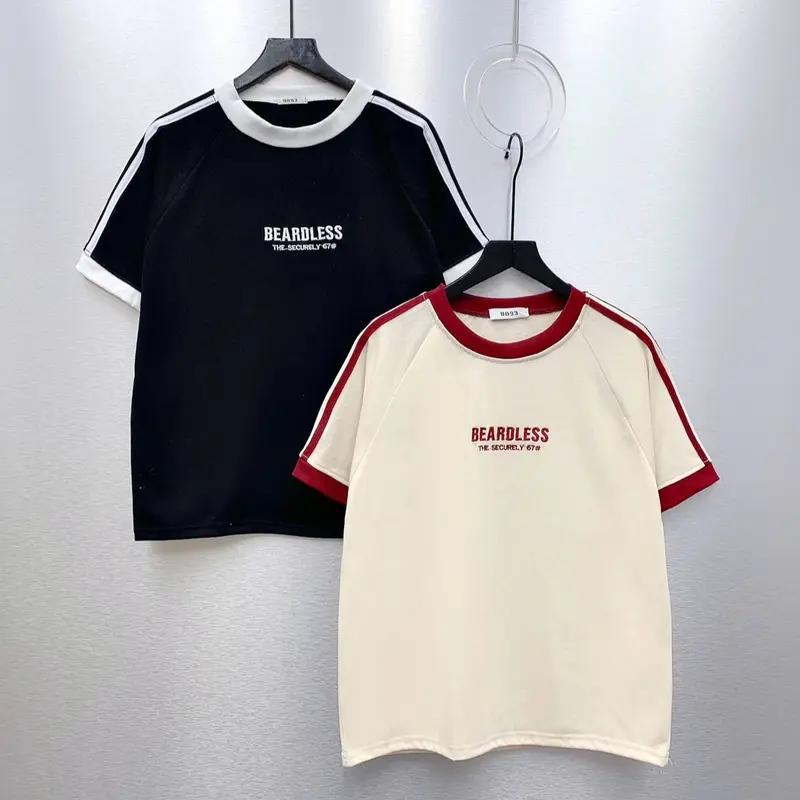 Áo Babytee form vừa 35-55kg Thêu chữ "BEARDLESS" phối sọc Tay Menswear Cổ Tròn 3
