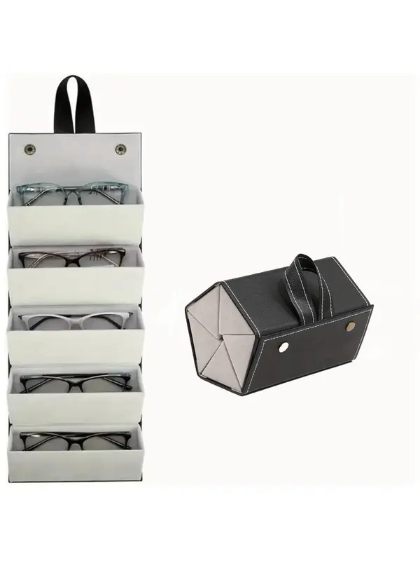 Simple 5 Slot Brown Sunglasses Storage Organizer, Trendy Foldable Travel Case with Multiple Glasses Hanging Hole, Portable Eyewear Display Box for Travel, Travel Essentials 4