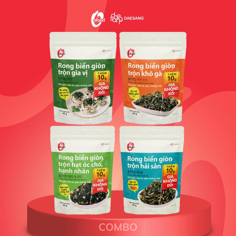 Set 4 gói rong biển giòn trộn O'food 40g snack ăn vặt, ăn cơm thơm ngon- Rong biển giòn trộn gia vị, khô gà, hải sản, óc chó, hạnh nhân