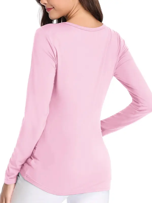Women's Solid Round Neck Tee, Casual Basic Long Sleeve T-shirt, Ladies Spring & Fall Tops for Daily Wear 1