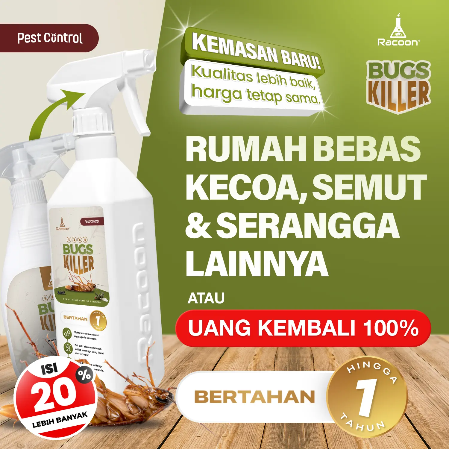Racoon Bugs Killer Spray Anti Serangga racun Semut Kecoa 600ML - Efektif Basmi Serangga dan Kuman hingga 1 Tahun