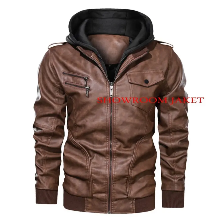 JAKET PRIA/JAKE KULIT/JAKET HOODIE/JAKET KULIT HOODIE/JAKET KULIT PU - Hitam, XS Lembut Semi Leather Pria Waterproof Tebal Nyaman
