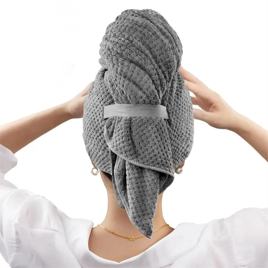Solid Color Microfiber Hair Drying Towel, 1 Piece Soft Absorbent Hair Wrap Towel with Elastic Strap, Large Hair Turban Towel for Wet Hair