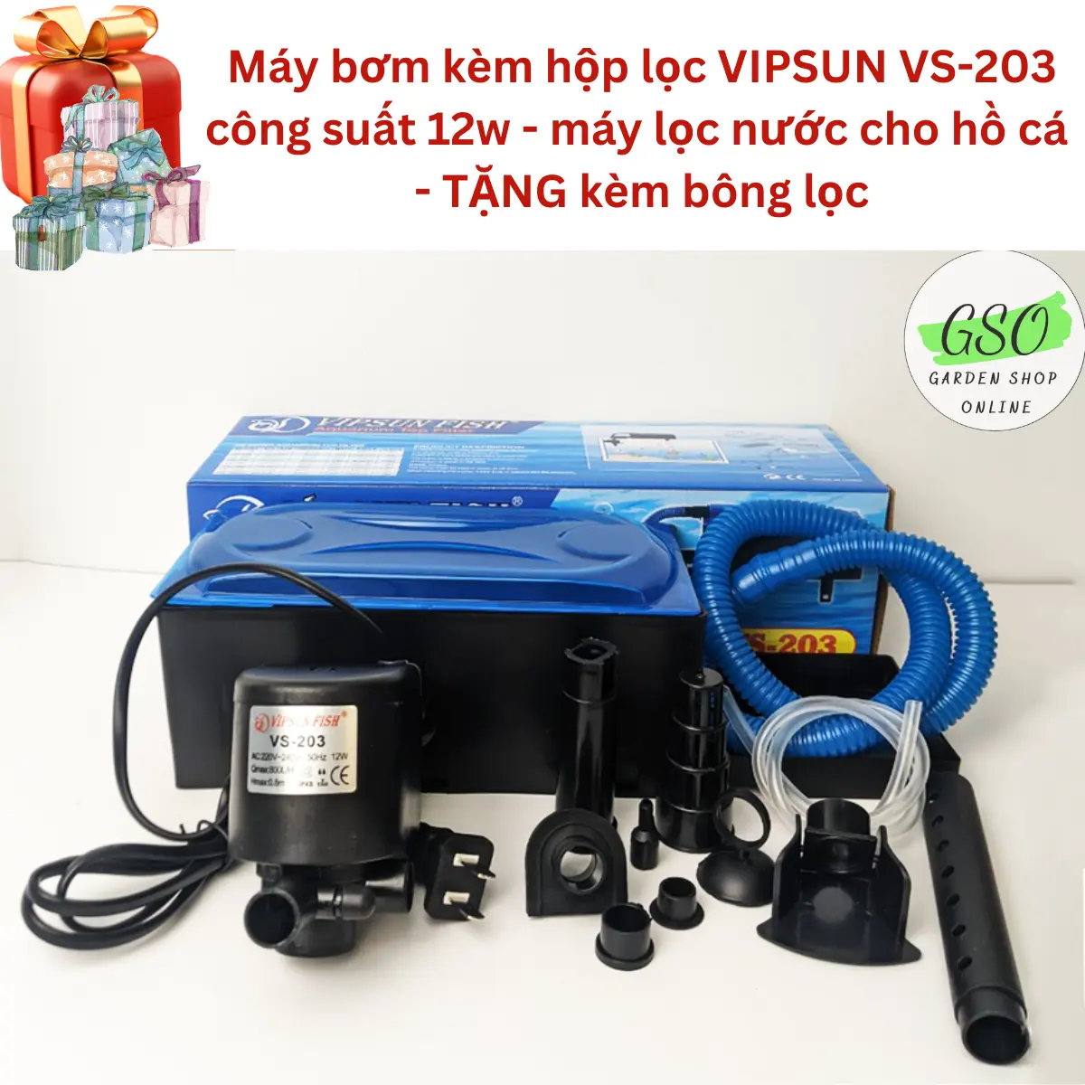VIPSUN Máy bơm kèm hộp lọc  VS-203 công suất 12w - máy lọc nước cho hồ cá - TẶNG kèm bông lọc