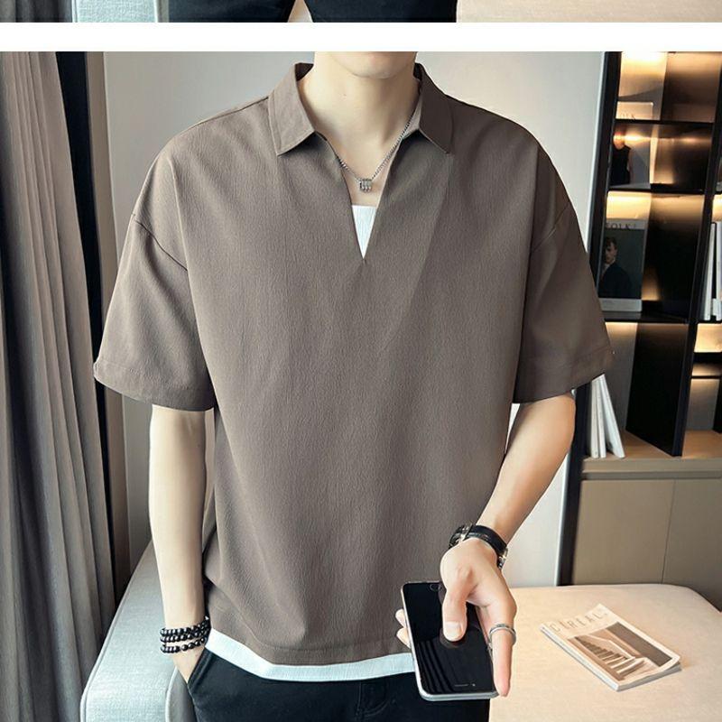 Product Introduction of 2025 Fake Two-Piece V-neck T-shirt Men's Ins Fashion Brand Short Sleeve Polo Shirt Ice Silk Half Sleeve 2023 New Summer Matching Suit 6