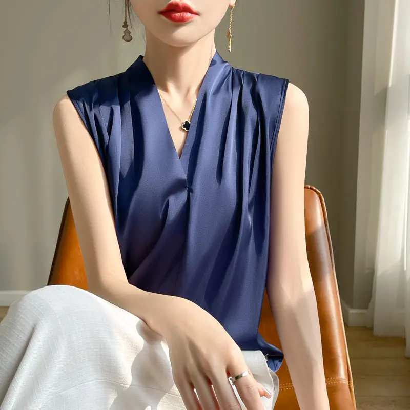 Áo Nữ, Áo Cánh Satin Màu Trắng Trơn Áo Sơ Mi Công Sở, Không Tay, Có Màu Đen Và Trắng, Nữ, YTM A31 Women Top Shirt Cổ Tròn