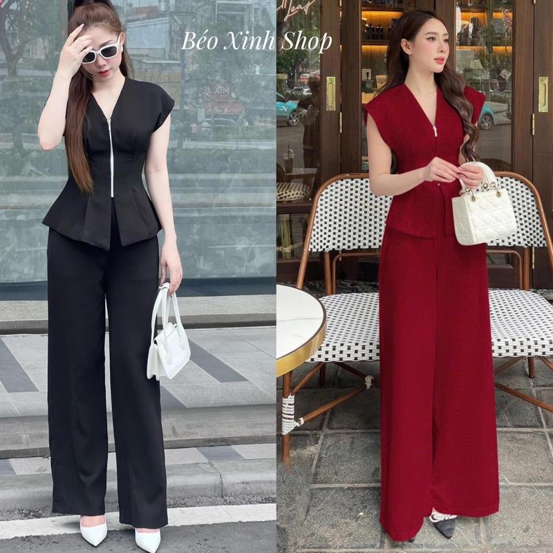 Set Quần Áo Dây Kéo Cổ Tim Vải Cotton Lạnh Cho Các Nàng 40 - 95Kg Nữ Top Women Xoè - A.1459
