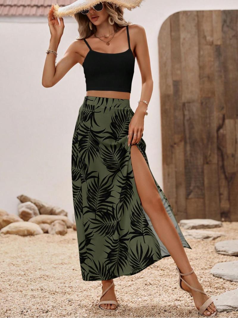 Product Introduction of Women's Plants Print Skirt, Elegant Fashion Casual  Split Thigh  Skirt for Daily Outdoor Wear, Ladies Clothes for All Seasons 1