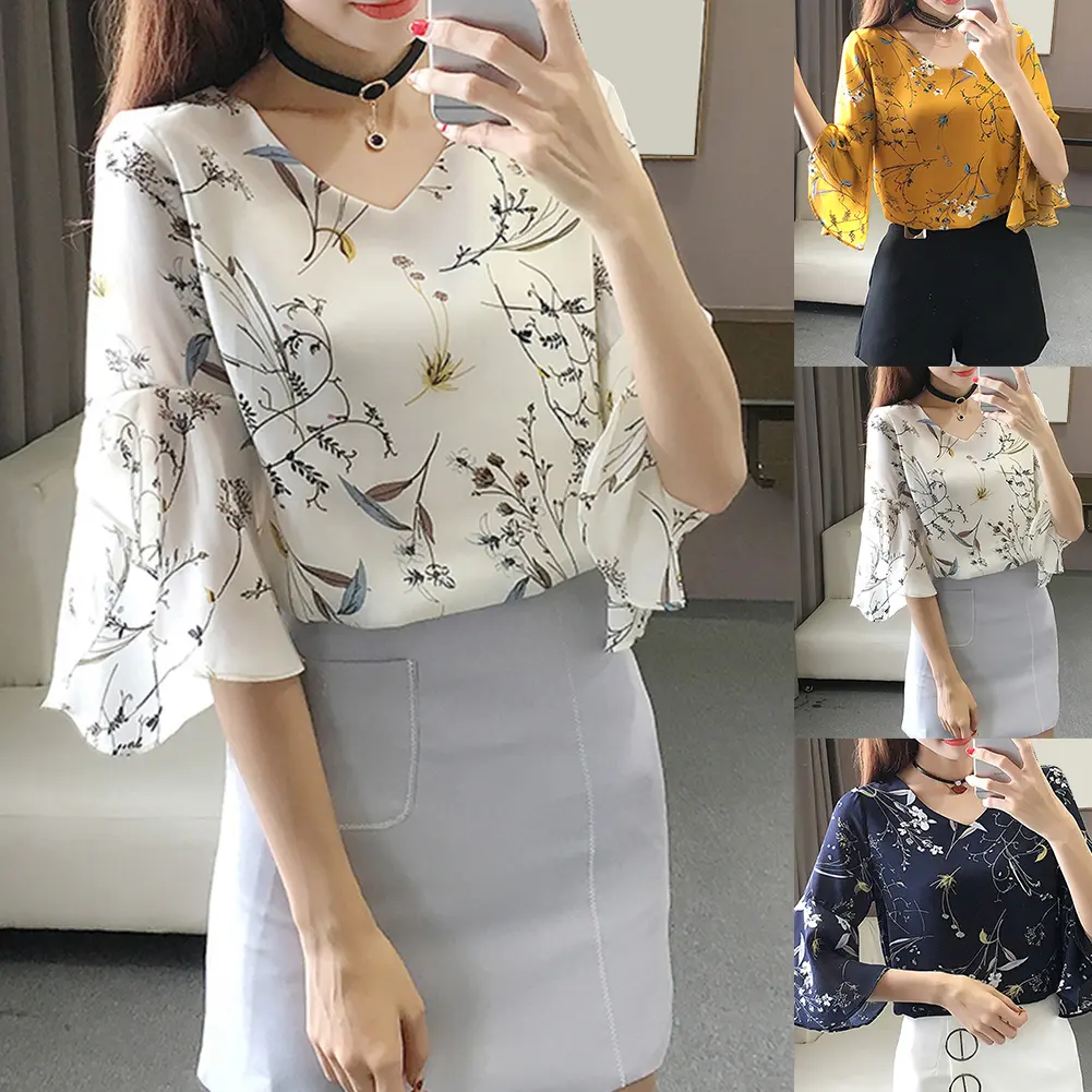 euyuxan-เสื้อเบลาส์ผ้าชีฟองคอวีแขนบานครึ่งแขนพิมพ์ลายดอกไม้สำหรับผู้หญิงออฟฟิศแฟชั่น
