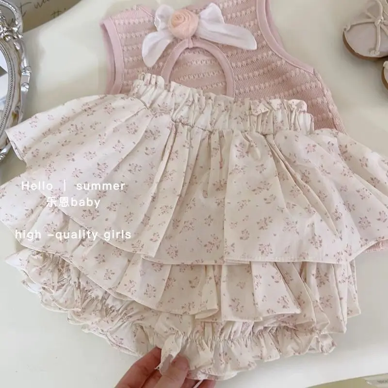 Ready Atasan Setelan Gaya Musim Panas Bayi Perempuan + Celana Pendek Kuncup Bunga Dua Potong Set Pakaian Musim Panas Baru yang Lucu dan Menggemaskan Cewek 4