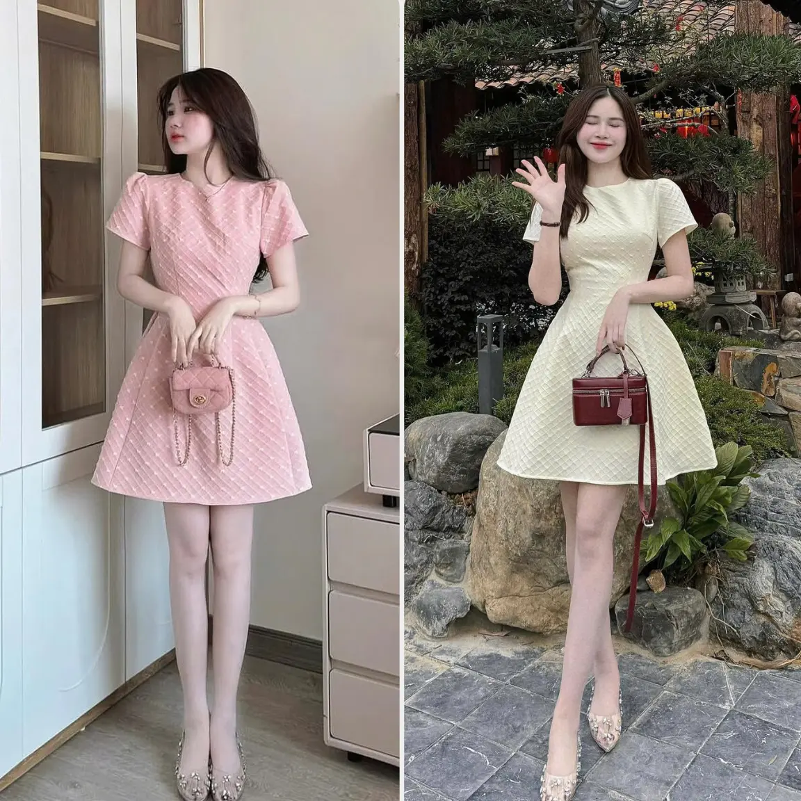 Đầm hồng gân lưới cổ tròn dáng ngắn form xòe tiểu thư tôn dáng Hb.closet D201