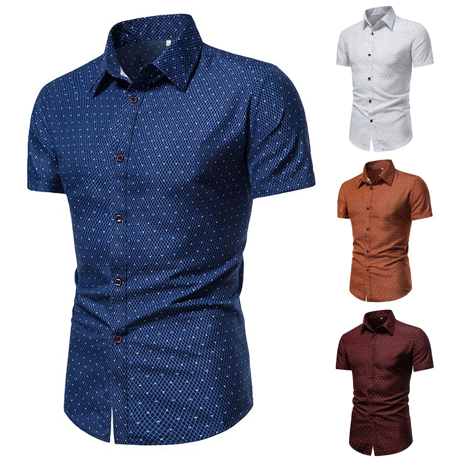 Men Shirt Formal Single-breasted Lapel Dot Print Summer Shirt for Work