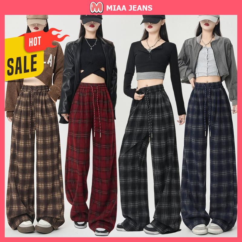 [MIAA] Quần Ống Suông Nữ Kẻ Caro Chất Vải Nhung Lót Umi Co Giãn Cạp Chun Dây Rút - Màu Đỏ Đô, Đen, Xám Xanh, Nâu - Mã QK01