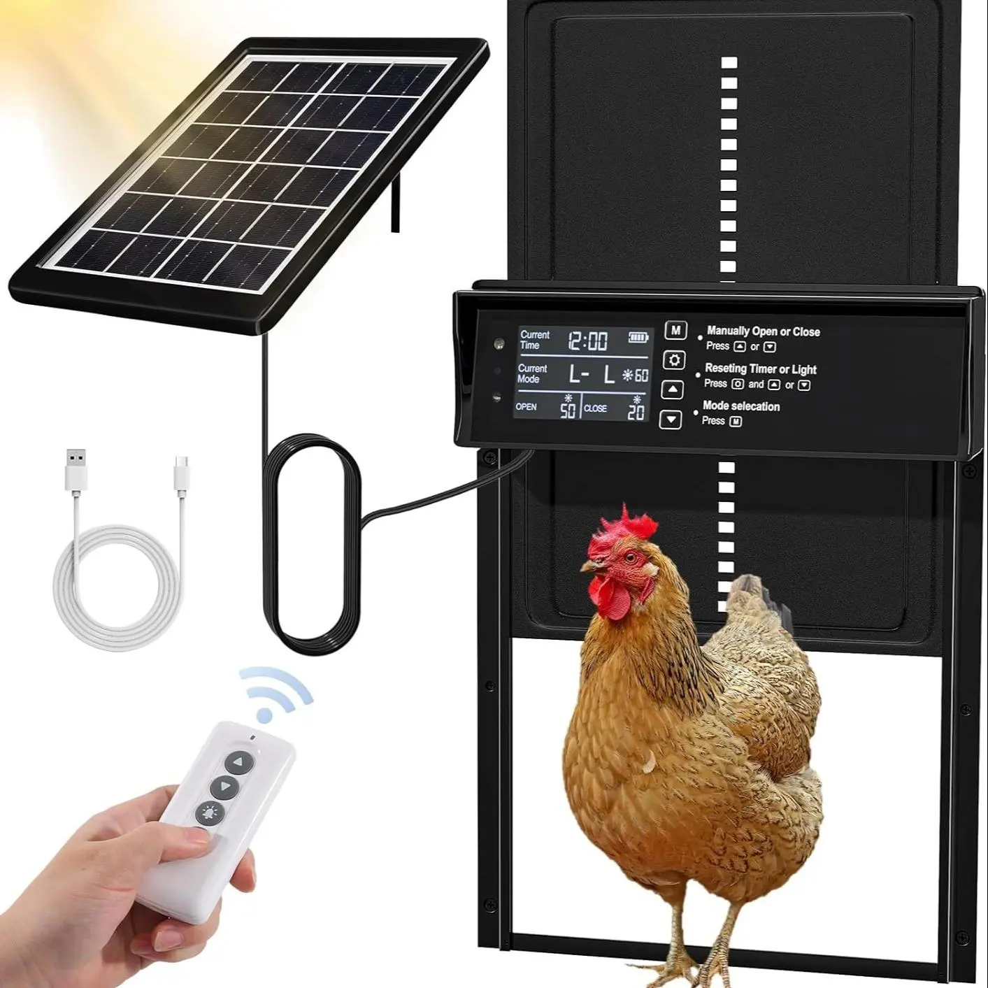 Solar Chicken Coop Door, 1 Set Automatic Chicken Door Solar Powered & USB Charging, Auto Chicken Door 4 Modes with Timer & Light Sensor, Animal