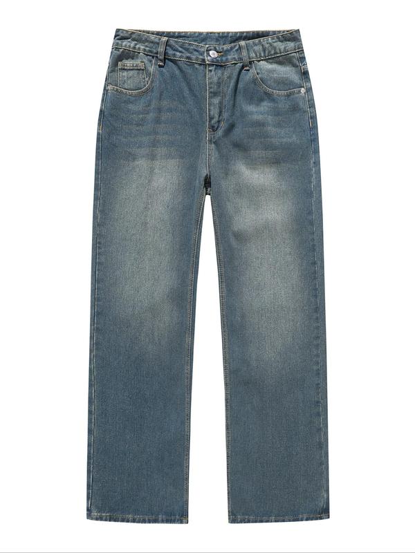 Men's Washed Denim Pants, Casual Comfy Straight Leg Jeans for Daily Wear, Woven Bottoms for All Seasons, Cotton 4