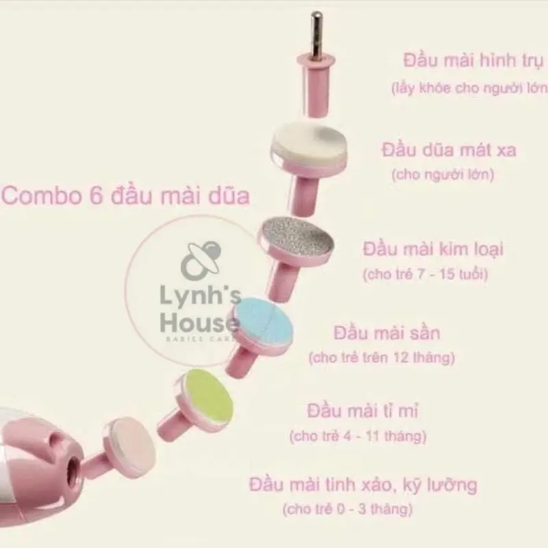Máy dũa cắt móng tay cho bé, đồ dũa mài móng tay cho trẻ sơ sinh từ 0 tháng không cảm giác đau có đèn 6 đầu mài 5