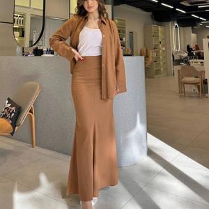 Sut Fesyen Pakaian Wanita, Koleksi Baharu, Warna Pepejal, Diperbuat daripada Fabrik Linen dan Kapas, Atasan Lapel, Skirt Panjang, Gaya Kasual