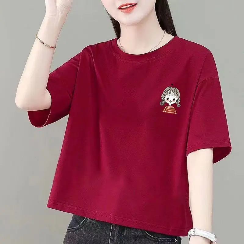 Áo Thun Ngắn, 100% Cotton, Dành Cho Nữ, Phong Cách Hàn Quốc, Dáng Rộng Vừa Vặn, Thiết Kế Ngủ Ngắn, Hàng Mới Về 2024, Áo Thun Cạp Cao 3