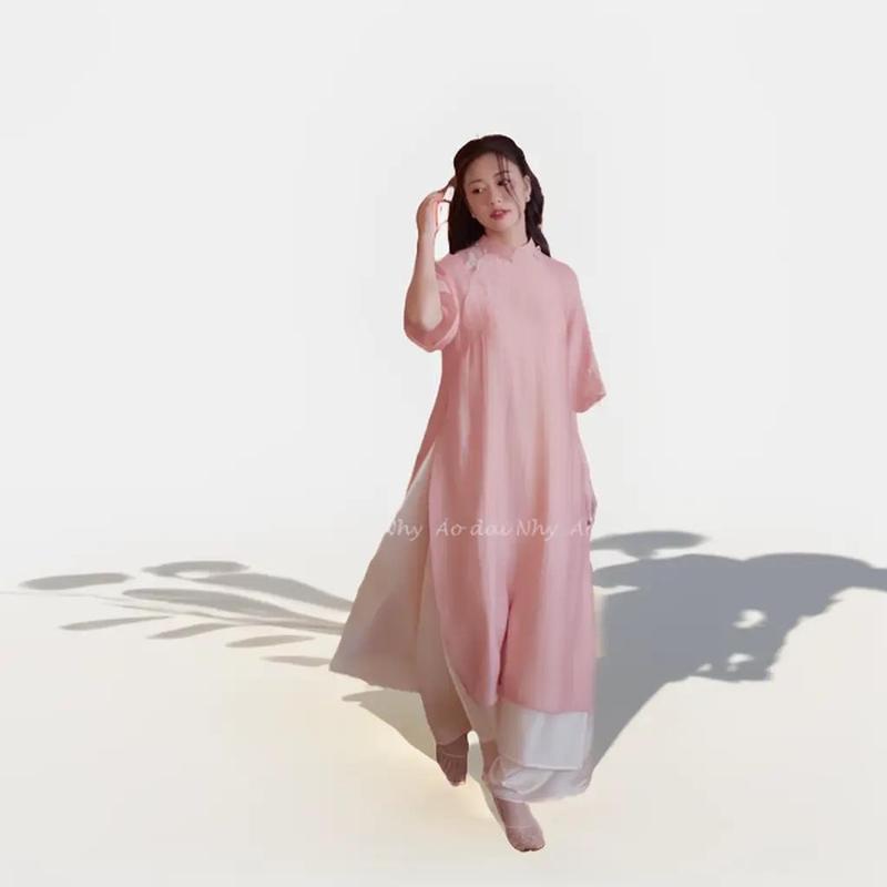 Áo dài cách tân nữ Hồ Điệp 2 màu hồng xanh bơ dáng suông tay lỡ tơ đũi cao cấp Voan Dress 0