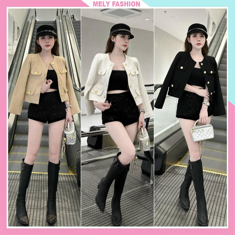 Áo khoác vest blazer croptop dạ hoa tiêu dài tay cổ trụ hai lớp dáng ngắn lửng dày dặn tôn dáng trẻ trung Nữ Women Jacket Đen ASM24