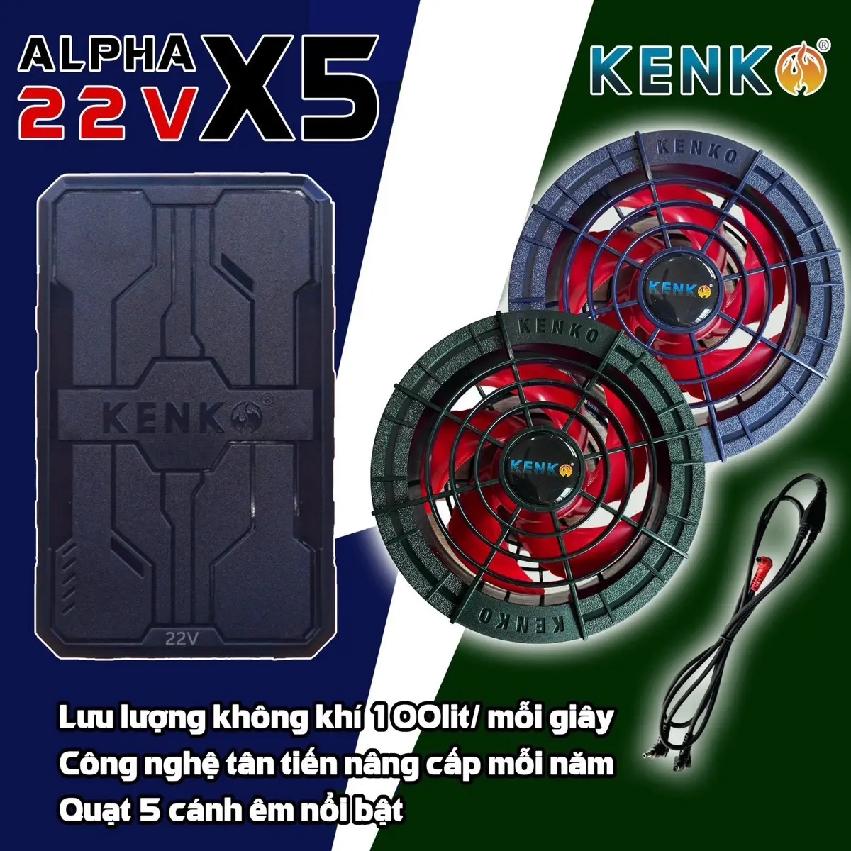 Bộ phụ kiện gồm quạt không chổi than, pin, sạc và dây cáp 22V Nhật Bản