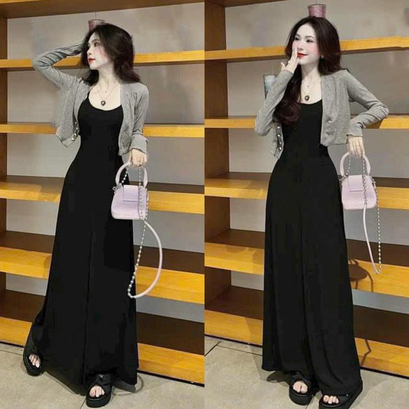  Set Đầm Váy Nữ Thun Tăm 2 Dây Dáng Dài Kèm Áo Khoác Tay Dài Women Kem Voi Dress 