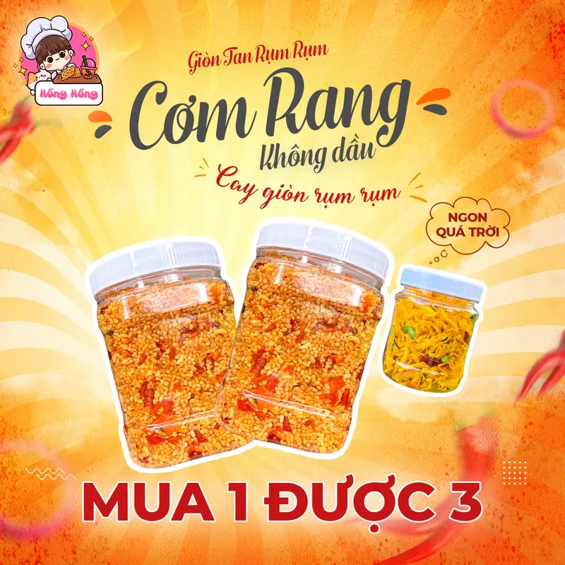 [ VỊ CAY TIÊU CHUẨN - MUA 1 ĐƯỢC 3 ] Cơm Rang Không Dầu 1000gr TẶNG Hũ Khô Gà Lá Chanh 100% Thịt Gà Nguyên Chất 100gr 0