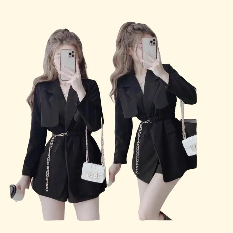 Áo Vest Nữ Blazer Đen - Dáng Ngắn, Kèm Đai Lưng Xích Bo Eo, Tôn Dáng & Thanh Lịch